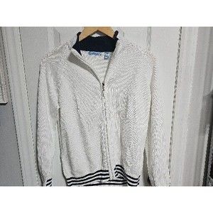 IZOD Sweater White With Navy Trim ZIP UP Size Large